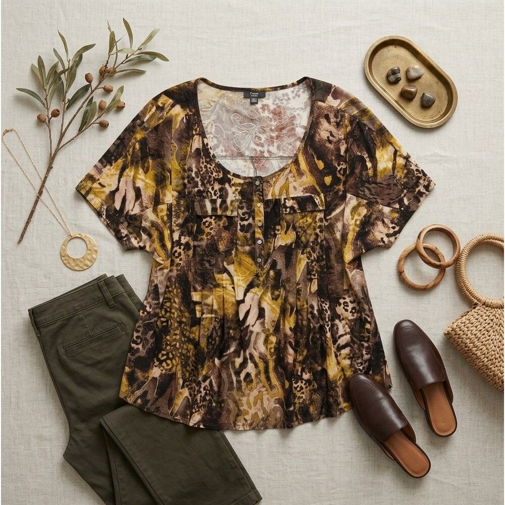 Cocomo Woman Top 3X Short Sleeves Mixed Media Plus Popover Wrinkle Free